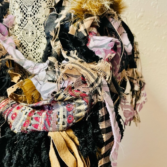 Handmade Leather Fringe Faux Fur Upcycled Statement Upcycled Scarf 76” Unique - Picture 9 of 10